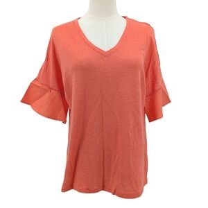 Chico's Linen Blend Flutter Sleeve Top Coral Orange Lightweight V-Neck‎ Sz 1 (M)